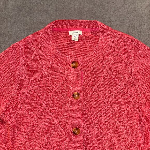 LL Bean Womens Red Pink Long Button Down Cardigan Diamond Knit 100% Cotton Small - Picture 5 of 14